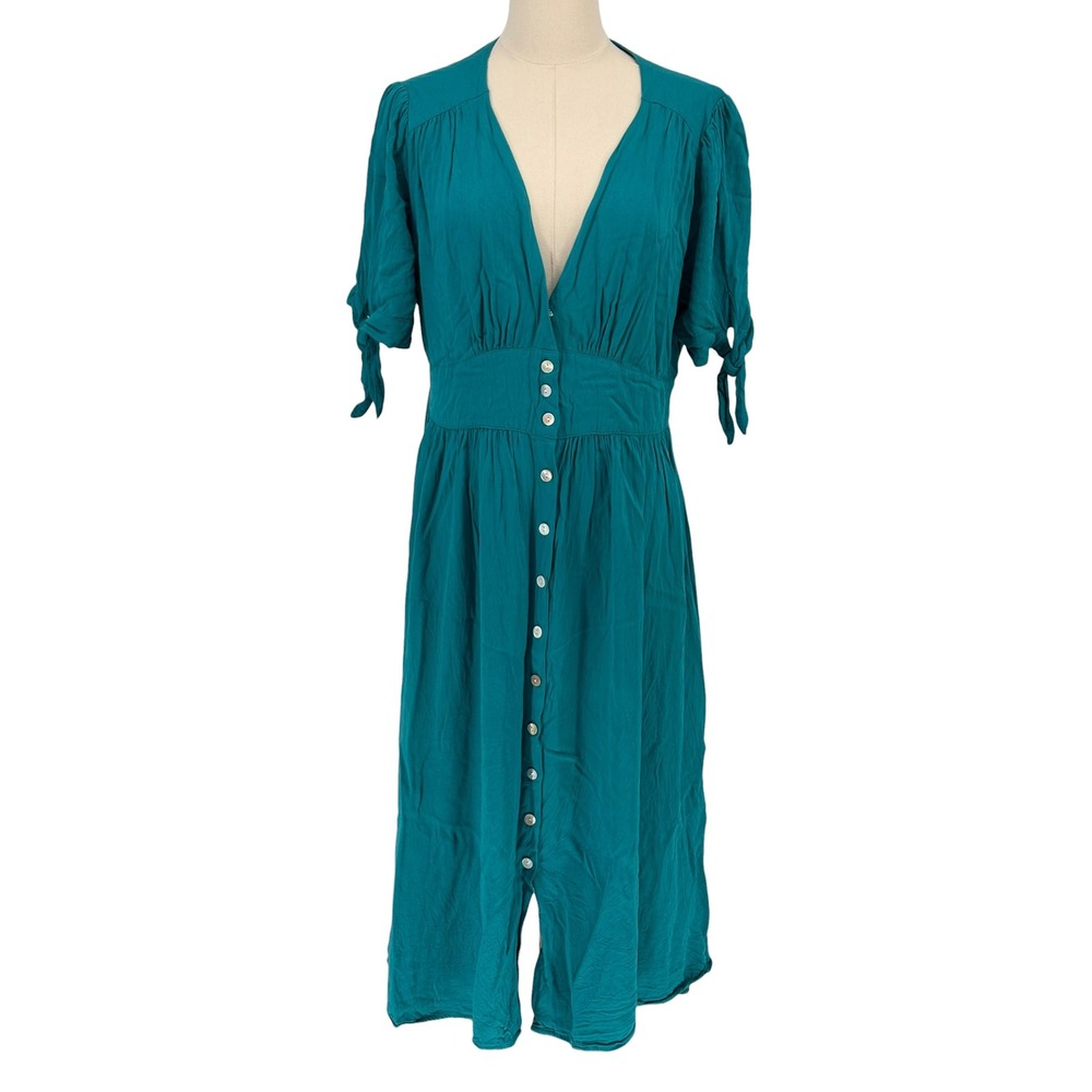 Anrabess Midi Dress Teal Green Button Front Tie Sleeve 100% Rayon Large